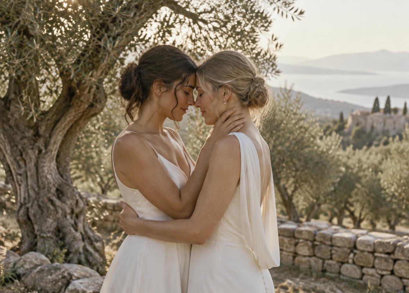 Two brides holding each other in a Cretan olive grove