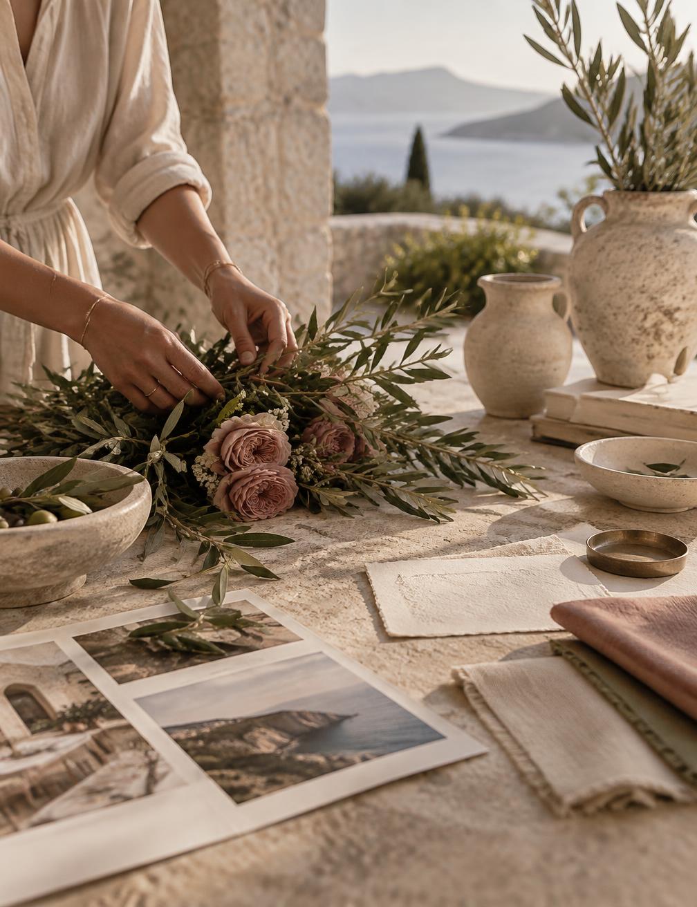 Olive branches and dusty rose blooms arranged on a limestone table